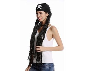 WIG ME UP - 90895-ZA103 Longue perruque noire et bandana tête de mort dames hommes carnaval pirate flibustier presque dreadlocks rasta
