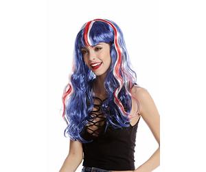 WIG ME UP - 90923 Perruque Dame Fan UK Angleterre Union Jack Longue ondulée Bleu Blanc Rouge