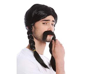 WIG ME UP - 91099-ZA103 Perruque et Moustache Homme Noire Tresses Gaulois Germain Barbare celte Viking Norman Barde