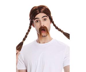 WIG ME UP - 91099-ZA33 Perruque et Moustache Homme Brun Rouge Tresses Gaulois Germain Barbare celte Viking Norman Barde