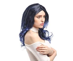WIG ME UP - 91275-ZA103TZAU1 Perruque Ladies Carnaval Halloween Noir Bleu Violette, strié ondulé, Raie au Milieu, 50 cm