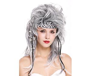 WIG ME UP - 91530 Perruque avec Bandeau Dame Homme Sauvage préhistorique âge de Pierre années 80 Rock Star mélange Gris Noir