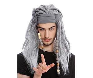 WIG ME UP - 91531 Perruque Homme Pirate Flibustier Foulard Dreadlocks Longue Sauvage Gris moucheté