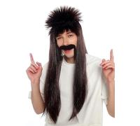 WIG ME UP - 92038-P1/P30 Ensemble perruque et moustache barbe carnaval Halloween hommes noir acajou longue ligne droite mulet voyou proxénète