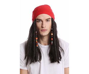 WIG ME UP - A72325-P1 Perruque longue noire perles et bandane dame homme carnaval halloween pirate flibustier rasta