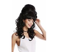 WIG ME UP - GF-W2418-1B Perruque longue noire frange dame baroque années 60 rétro énorme choucroute chignon boucles