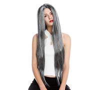 WIG ME UP - TH46-P103MP68 Perruque Dame Halloween Carnaval très Longue Lisse Raie Centrale Noir Gris mouchetée