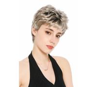 WIG ME UP - VK-60-F101YS4 Perruque pour femmes et hommes, unisexe, courte, androgyne, style garçon manqué, ondulée, brune, blond cendré