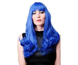 WIG ME UP - WIG021-BLUE Perruque Longue Bleue à Frange Katy pour Femme Alien Disco Carnaval