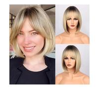 Wig, Perruque de mode for femmes, huit franges, cheveux courts et lisses, filet Rose, ensemble de tête complète,Human hair wig