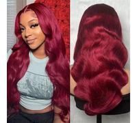 Wig, Perruques en cheveux humains ondulés 99J13x4 bordeaux avec dentelle frontale,Human hair wig(20inch)