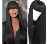Wig Straight Humaine avec Frange - 150% Densite Glueless Couleur Naturelle pour Femmes - Silky Bone Straight 18 Pouces