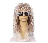 Wig Synthetic 80s For Men And Women Rock Long Curly Costume With Sunglasses(Grey and gifts)
