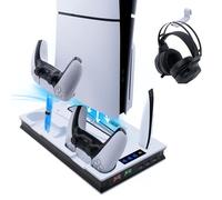 Wigearss PS5/PS5 Slim/PS5 Pro Ventilateur Station de Refroidissement, Support de Charge Vertical avec Chargeur Double Manette, Vitesse de Ventilation Réglable sur 3 Niveaux