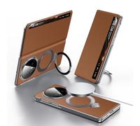 Wigento Étui de protection magnétique en cuir véritable pour Honor Magic V6, compatible avec MagSafe, Smart View Window, fonction support, marron