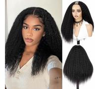 WIGER Perruque de cheveux humains crépus raides avec partie en U - Demi-perruque 1B sans colle - Cheveux bouclés fins - Densité 200 % - 40,6 cm - Pour femme noire