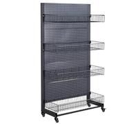 WIGING Rayonnage De Magasin Présentoir sur Pied Présentoir Perforé avec roulettes Uniface Étagères De Supermarché avec Panier Suspendu pour Fournitures De Bureau(Black,123x40x170cm)