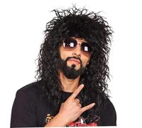 Wigs des années 80 pour hommes, perruque masculine de fibre synthétique de 20 pouces long, perruque mulet rocker drôle, Black Curly for Halloween Costume, Cosplay Party.