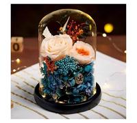 WIGSELBL Véritables fleurs préservées durables dans un dôme en verre, faites à la main avec des roses éclairées, lampe romantique éternelle (orange-1)