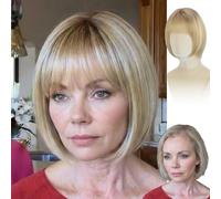 WIGYY Perruque blonde miel doré avec frange pour femme blanche - Perruque droite de 25,4 cm avec dentelle frontale, perruque synthétique légère sans colle, fibre protéinée réaliste pour un usage