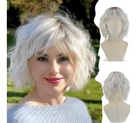 WIGYY Perruque courte blond platine avec frange pour femme blanche - Perruque synthétique ondulée de 33 cm, bonnet réglable sans colle, fibre protéinée réaliste, résistante à la chaleur