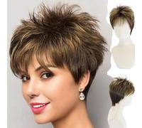 WIGYY Perruque courte Pixie pour femme blanche - Perruque synthétique bou marron doré moyen avec frange, fibre protéinée résistante à la chaleur, aspect naturel, nouveau design de bonnet pour un