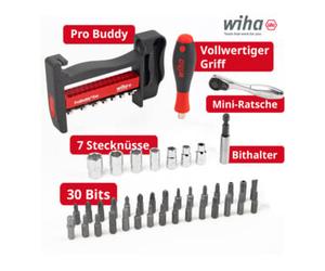 Wiha Wiha ProBuddy® Evo Set de 40 pièces de clés à douille et embouts 1/4" SoftFinish, mini-cliquet 72 dents, porte-embouts magnétique I Ensemble d’outils compact pour professionnels, bricoleurs, vélo