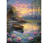 Wihgkin adultes broderie point de croix kits Bateau lotus DIY débutant canevas point de croix kit 11CT toile pré-imprimé noel décoration de la maison （40x50cm）