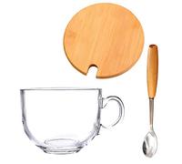 WIHXES Grande Tasse à Soupe de 450ml avec Poignées, Bol à Soupe en Verre Transparent avec Couvercle et Cuillères, Tasse de Petit Déjeuner pour Flocons d'Avoine, Salade, Dessert, Lait (450ml/15.2oz,C)