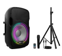 Wiibo Festa 15BT - Enceinte Active Professionnelle 15" - Puissance 600W - Haut-Parleur avec Bluetooth - Connexion USB/SD - Support Réglable - Kit câble + Microphone - Télécommande - Illumination LED