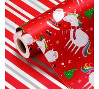 Wikadlik Papier cadeau de Noël réversible - 43 cm x 10 m - Joli Père Noël/licorne/rayures rouges et blanches pour fêtes de fin d'année