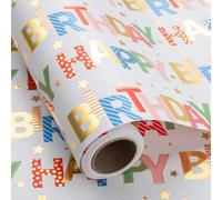 Wikadlik Rouleau de papier cadeau d'anniversaire coloré - 43 cm x 10 m - Feuille d'or avec lettrage « Happy Birthday » pour fête prénatale