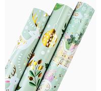 Wikadlik Rouleau de papier cadeau de Noël - 3 mini rouleaux - 43,5 cm x 3 m par rouleau - Papier cadeau mignon avec rennes/boules de Noël dorées/flocon de neige blanc/conception traîneau