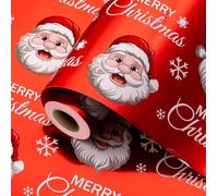 Wikadlik Rouleau de papier cadeau de Noël - 43 cm x 10 m - Feuille métallique rouge et blanche brillante - Motif Père Noël/flocons de neige/inscription Merry Christmas