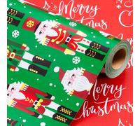 Wikadlik Rouleau de papier cadeau de Noël en aluminium - 43 cm x 10 m - Vert métallisé et rouge Casse-noisette Joyeux Noël Script Papier cadeau pour fêtes d'hiver