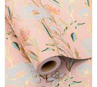 Wikadlik Rouleau de papier cadeau motif fleur rose - 43 cm x 10 m élégant floral doré brillant emballage cadeau pour anniversaire, mariage, fête des mères, Saint-Valentin