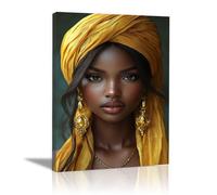 WIKEO Africaine Femme Affiches tableau Fille Noir Or de la Mode Grande œuvre d'art moderne,Murale Salle De Bain Pour Salon Chambre Bureau Cuisine(Jaune)-70x100cm Encadrée