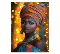 WIKEO Africaine Femme Affiches tableau Œuvres d’art de la femme noire de mode Grande œuvre d'art moderne,Murale Salle De Bain Pour Salon Chambre Bureau Cuisine(Orange)-50x70cm Sans cadre