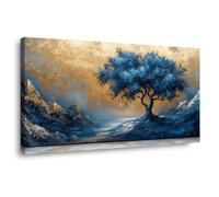 WIKEO Bleu,jaune Arbre de vie Impression sur Toile, Graffiti Arbre Bleu Peinture Affiche- Moderne Abstrait Image Tableau -Decoration Murale Salon -Chambre -bureau-50x100cm Encadrée
