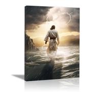 WIKEO Galerie Nordique Toile Tableaux Jésus Christ Jésus est de retour dans l’eau Impression sur Décoration Murale, Tableaux Muraux pour Chambre à coucher Bureau(Jaune 7)-70x100cm Encadrée