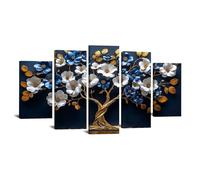 WIKEO Lot de 5 posters Toile murale abstraite à thème arbre de vie Fresque de l’arbre bleu doré Œuvre d'art moderne pour la décoration d'intérieur salon,chambre à coucher(Bleu)-80x150cm Encadrée