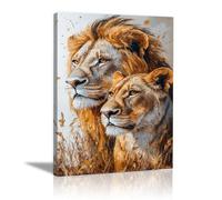 WIKEO Murale d'art l'image imprimée sur Toile Lion des forêts naturelles Animal Photos d'œuvres d'art pour Le Bureau à Domicile salon Décoration Moderne(Or)-70x100cm Encadrée