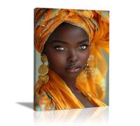 WIKEO Noire Femme Africaine Tableau Fille Vintage Noir en Or Images Murale Salon Chambre, Murale Salle De Bain Bureau Cuisine Affiches(Orange)-80x120cm Encadrée