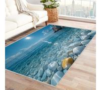 WIKEO Plage Tapis Chambre Moderne Doux Magnifique Paysage de Plage Poils Ras Antidérapant, Moquette de Salon Abstrait pour Chambre, Bureau pour Un Nettoyage Facile(Bleu 115)-210x300cm