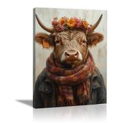 WIKEO Tableau décoratif animal Affiche fleurie rétro de vache imprimée sur Toile Photos d'œuvres d'art pour Le Bureau à Domicile Décoration Moderne(Marron)-70x100cm Encadrée