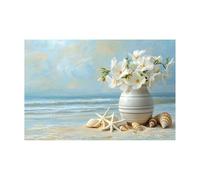 WIKEO Tableau Decoration Murale Paysage fleuri des coquillages de plage Impression sur Toile Peinture Mural Decoration Salon de Tableaux Murale - Tropical - Mer - Bleu(Beige)-60x90cm Sans cadre