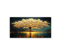 WIKEO Tableau Murale Salon Moderne Paysage des arbres du lac Arbre De Vie Nature Paysage Impression Sur Toile, Decoration Murale Chambre Salle De Bain Cuisine Bureau(Or)-20x40cm Sans cadre
