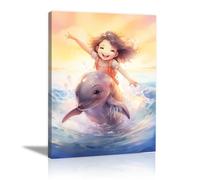 WIKEO Tableau plage Belle fresque de dauphin fille Decoration Chambre Tableaux, Posters et Arts Décoratifs, Maison, Cuisine, Bureau ，Salon Decor Posters(bleu)-50x70cm Encadrée