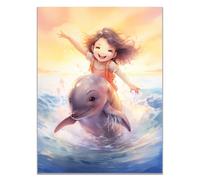 WIKEO Tableau plage Belle fresque de dauphin fille Decoration Chambre Tableaux, Posters et Arts Décoratifs, Maison, Cuisine, Bureau ，Salon Decor Posters(bleu)-30x40cm Sans cadre
