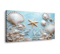 WIKEO Tableau plage Decoration Tableaux Murale pour Affiche Beautiful Shells Nature Paysage Maison Bain Salon, Chambre, Impression sur Toile tableau(Blanc 3)-60x120cm Encadrée